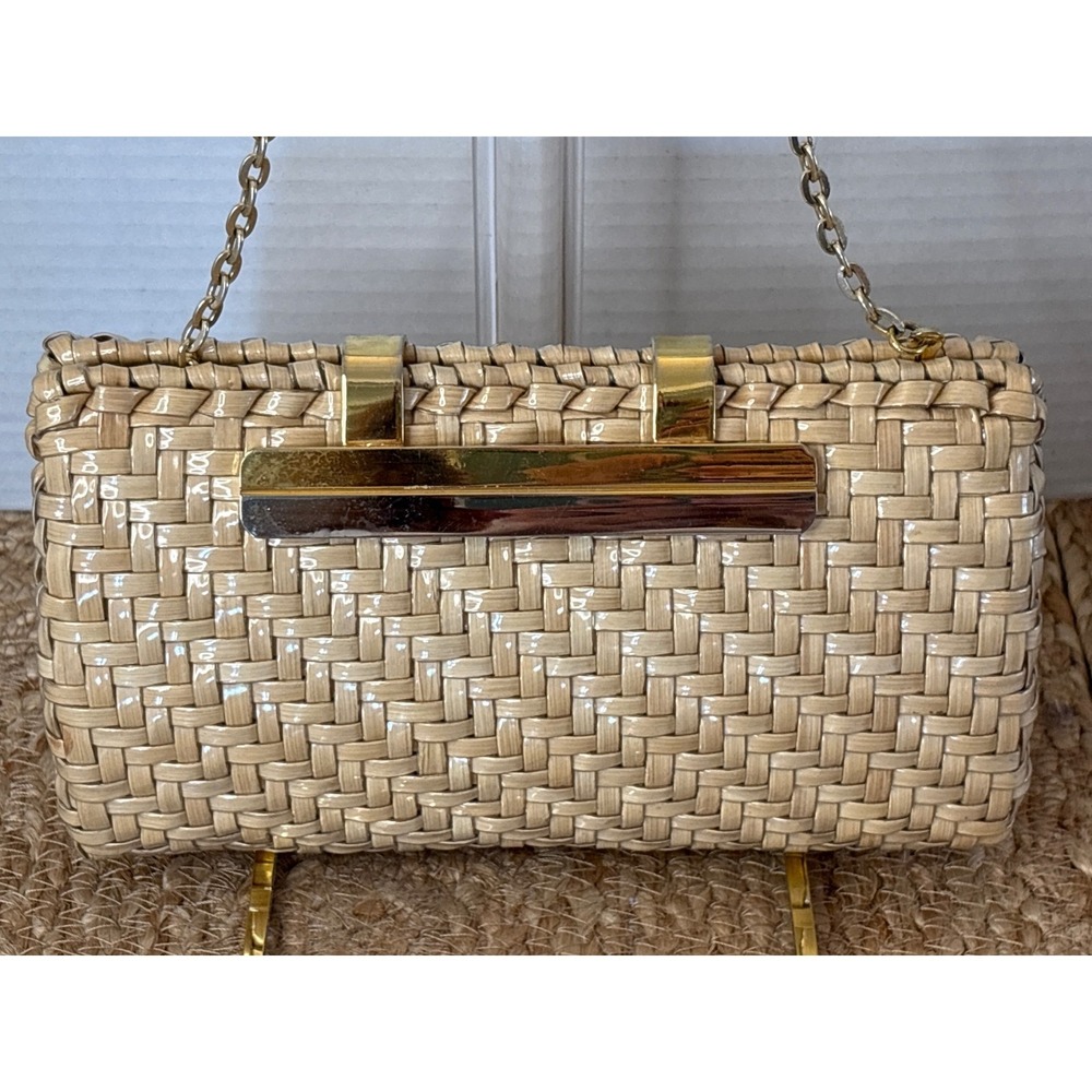 Vintage Ronora Hong Kong Woven Clutch Tan Gold Chain Shoulder Bag Evening Purse